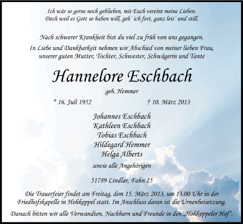 Anzeige von Hannelore Eschbach von Kölner Stadt-Anzeiger / Kölnische Rundschau / Express