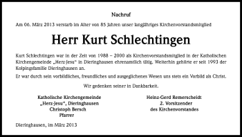 Anzeige von Kurt Schlechtingen von Kölner Stadt-Anzeiger / Kölnische Rundschau / Express