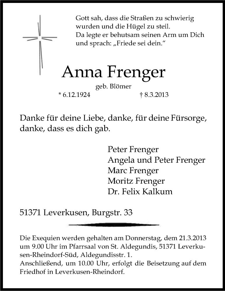  Traueranzeige für Anna Frenger vom 13.03.2013 aus Kölner Stadt-Anzeiger / Kölnische Rundschau / Express