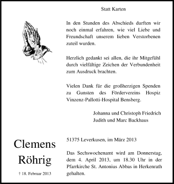 Anzeige von Clemens Röhrig von Kölner Stadt-Anzeiger / Kölnische Rundschau / Express