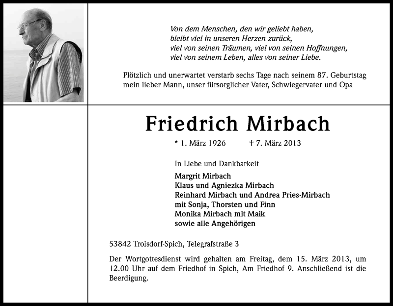  Traueranzeige für Friedrich Mirbach vom 13.03.2013 aus Kölner Stadt-Anzeiger / Kölnische Rundschau / Express