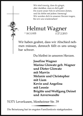 Anzeige von Helmut Wagner von Kölner Stadt-Anzeiger / Kölnische Rundschau / Express