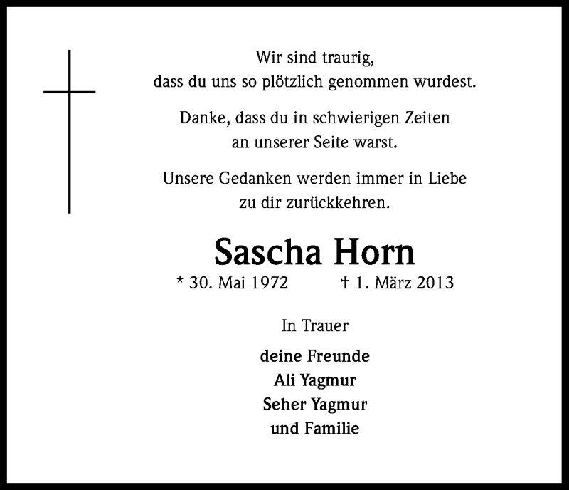  Traueranzeige für Sascha Horn vom 12.03.2013 aus Kölner Stadt-Anzeiger / Kölnische Rundschau / Express