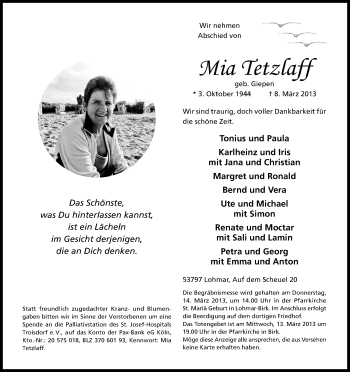 Anzeige von Mia Tetzlaff von Kölner Stadt-Anzeiger / Kölnische Rundschau / Express