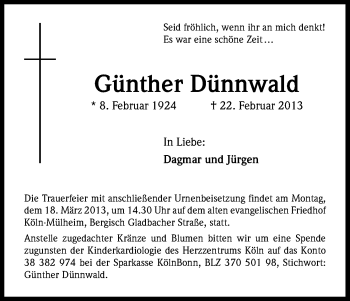 Anzeige von Günther Dünnwald von Kölner Stadt-Anzeiger / Kölnische Rundschau / Express