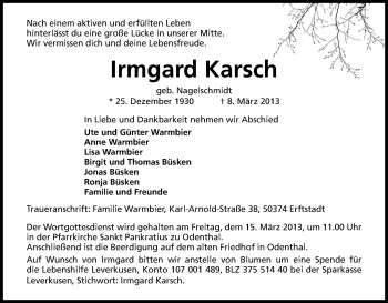 Anzeige von Irmgard Karsch von Kölner Stadt-Anzeiger / Kölnische Rundschau / Express