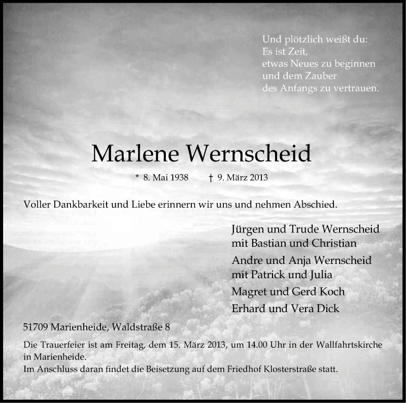  Traueranzeige für Marlene Wernscheid vom 12.03.2013 aus Kölner Stadt-Anzeiger / Kölnische Rundschau / Express