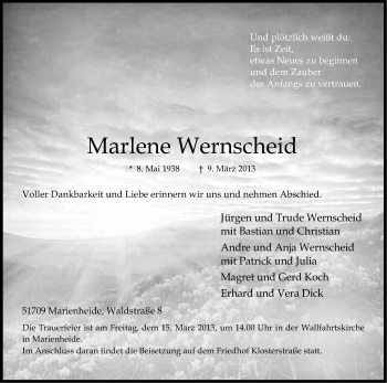 Anzeige von Marlene Wernscheid von Kölner Stadt-Anzeiger / Kölnische Rundschau / Express