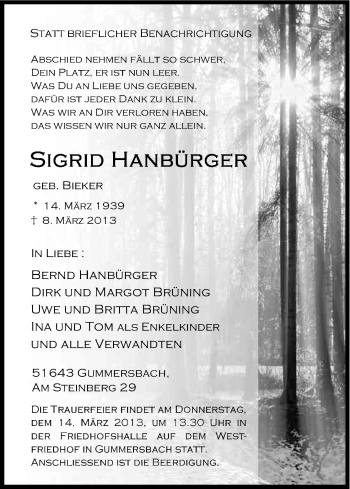 Anzeige von Sigrid Hanbürger von Kölner Stadt-Anzeiger / Kölnische Rundschau / Express