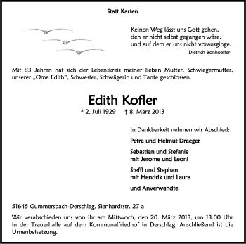 Anzeige von Edith Kofler von Kölner Stadt-Anzeiger / Kölnische Rundschau / Express