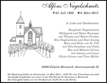 Anzeige von Alfons Nagelschmitz von Kölner Stadt-Anzeiger / Kölnische Rundschau / Express