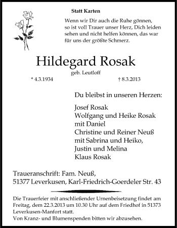 Anzeige von Hildegard Rosak von Kölner Stadt-Anzeiger / Kölnische Rundschau / Express