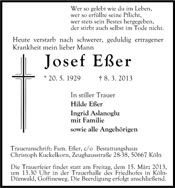 Anzeige von Josef Eßer von Kölner Stadt-Anzeiger / Kölnische Rundschau / Express