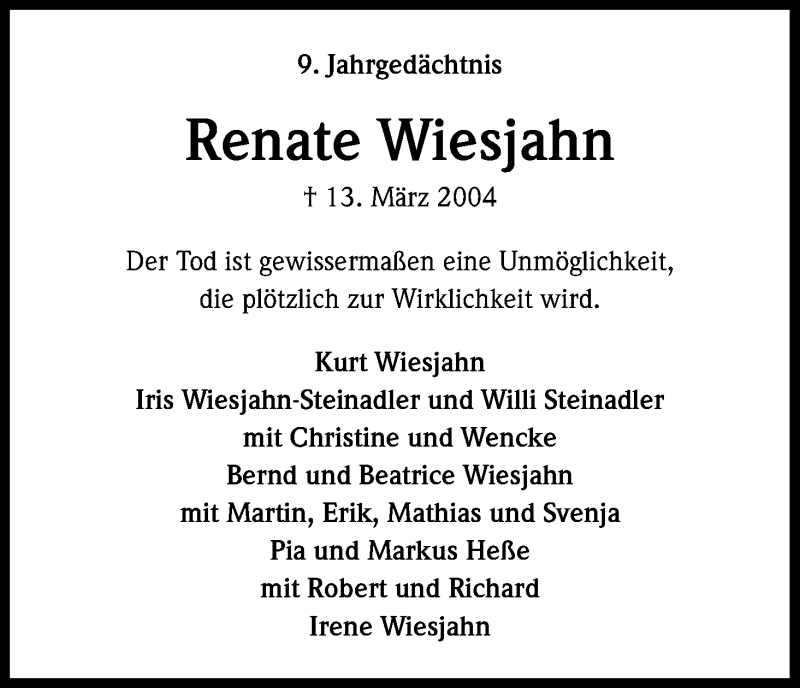  Traueranzeige für Renate Wiesjahn vom 13.03.2013 aus Kölner Stadt-Anzeiger / Kölnische Rundschau / Express