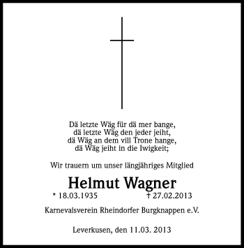 Anzeige von Helmut Wagner von Kölner Stadt-Anzeiger / Kölnische Rundschau / Express