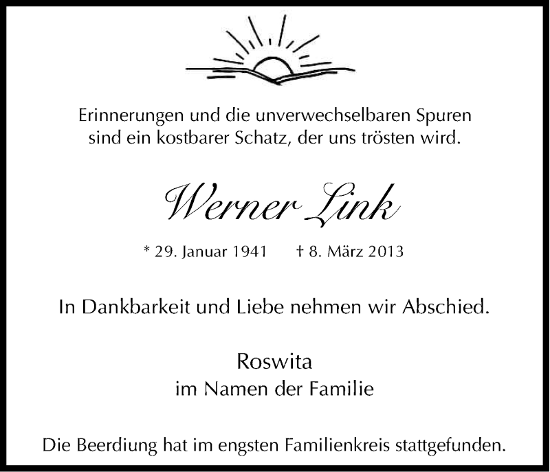  Traueranzeige für Werner Link vom 20.03.2013 aus Kölner Stadt-Anzeiger / Kölnische Rundschau / Express