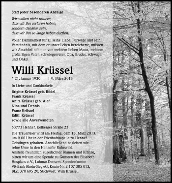 Anzeige von Willi Krüssel von Kölner Stadt-Anzeiger / Kölnische Rundschau / Express