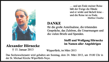 Anzeige von Alexander Hörnecke von Kölner Stadt-Anzeiger / Kölnische Rundschau / Express