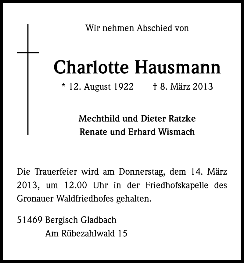  Traueranzeige für Charlotte Hausmann vom 13.03.2013 aus Kölner Stadt-Anzeiger / Kölnische Rundschau / Express