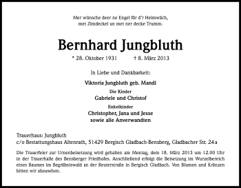 Anzeige von Bernhard Jungbluth von Kölner Stadt-Anzeiger / Kölnische Rundschau / Express