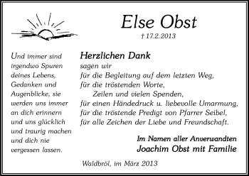 Anzeige von Else Obst von Kölner Stadt-Anzeiger / Kölnische Rundschau / Express