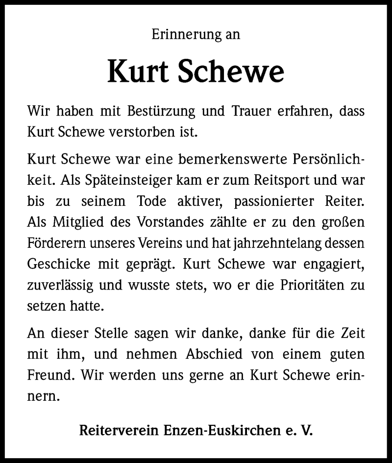  Traueranzeige für Kurt Schewe vom 13.03.2013 aus Kölner Stadt-Anzeiger / Kölnische Rundschau / Express