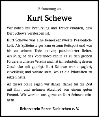 Anzeige von Kurt Schewe von Kölner Stadt-Anzeiger / Kölnische Rundschau / Express