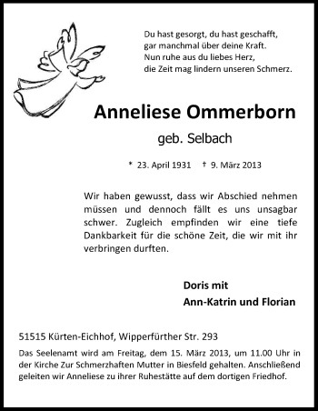 Anzeige von Anneliese Ommerborn von Kölner Stadt-Anzeiger / Kölnische Rundschau / Express