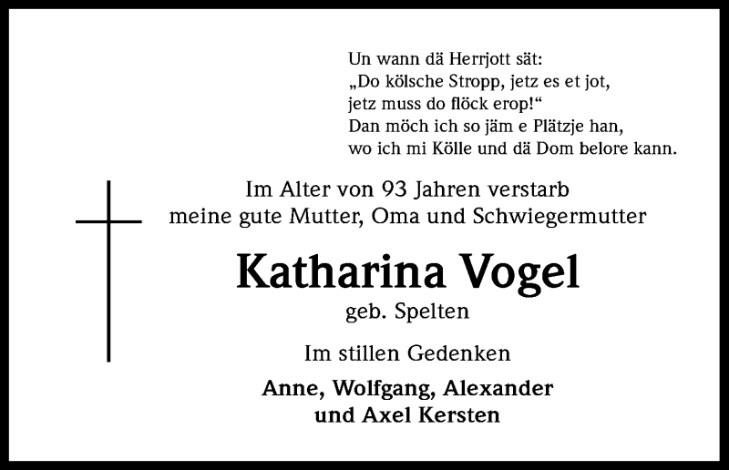  Traueranzeige für Katharina Vogel vom 13.03.2013 aus Kölner Stadt-Anzeiger / Kölnische Rundschau / Express
