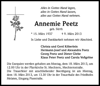 Anzeige von Annemie Peetz von Kölner Stadt-Anzeiger / Kölnische Rundschau / Express
