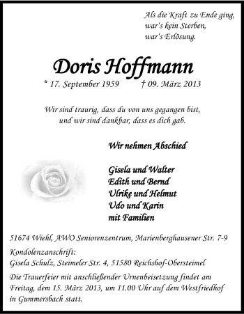 Anzeige von Doris Hoffmann von Kölner Stadt-Anzeiger / Kölnische Rundschau / Express