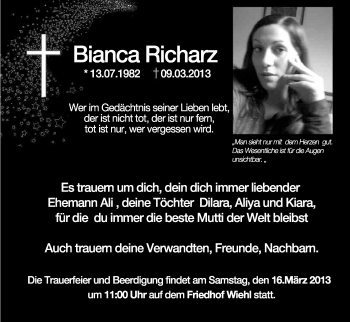 Anzeige von Bianca Richarz von Kölner Stadt-Anzeiger / Kölnische Rundschau / Express