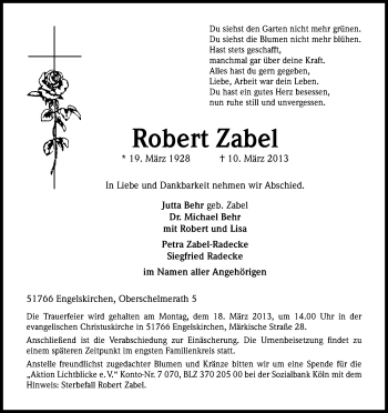 Anzeige von Robert Zabel von Kölner Stadt-Anzeiger / Kölnische Rundschau / Express