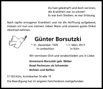 Anzeige von Günter Borsutzki von Kölner Stadt-Anzeiger / Kölnische Rundschau / Express