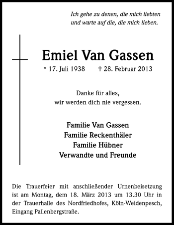 Anzeige von Emiel Van Gassen  von Kölner Stadt-Anzeiger / Kölnische Rundschau / Express