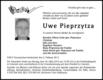 Anzeige von Uwe Pieprzytza von Kölner Stadt-Anzeiger / Kölnische Rundschau / Express