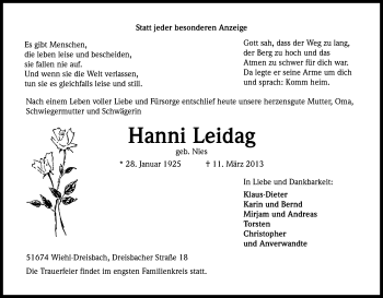 Anzeige von Hanni Leidag von Kölner Stadt-Anzeiger / Kölnische Rundschau / Express