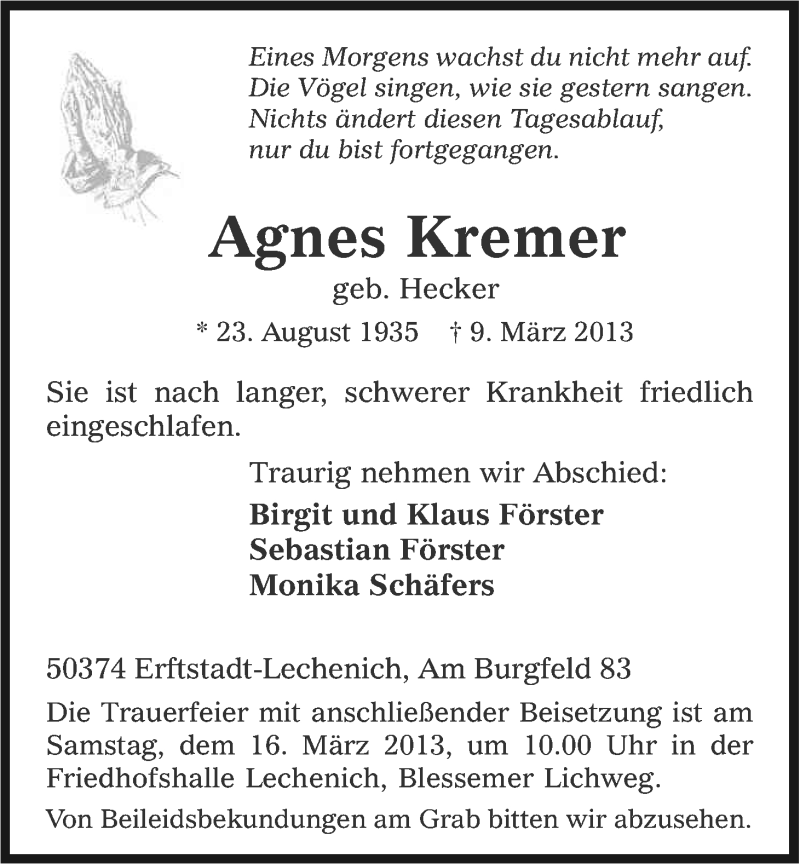  Traueranzeige für Agnes Kremer vom 13.03.2013 aus Kölner Stadt-Anzeiger / Kölnische Rundschau / Express