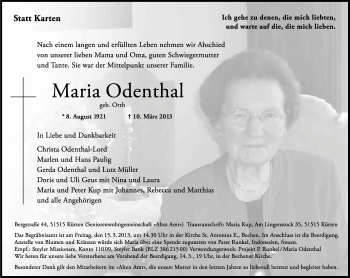 Anzeige von Maria Odenthal von Kölner Stadt-Anzeiger / Kölnische Rundschau / Express