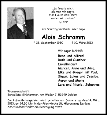 Anzeige von Alois Schramm von Kölner Stadt-Anzeiger / Kölnische Rundschau / Express