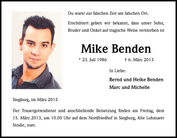 Anzeige von Mike Benden von Kölner Stadt-Anzeiger / Kölnische Rundschau / Express