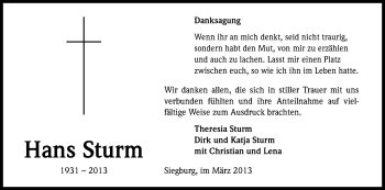 Anzeige von Hans Strum von Kölner Stadt-Anzeiger / Kölnische Rundschau / Express