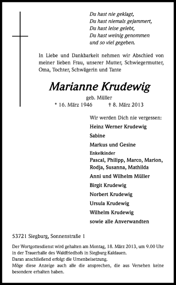 Anzeige von Marianne Krudewig von Kölner Stadt-Anzeiger / Kölnische Rundschau / Express