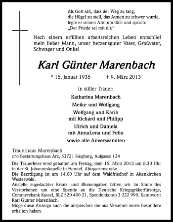 Anzeige von Karl Günter Marenbach von Kölner Stadt-Anzeiger / Kölnische Rundschau / Express