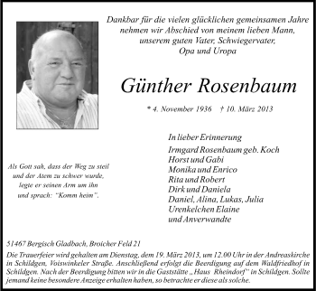 Anzeige von Günther Rosenbaum von Kölner Stadt-Anzeiger / Kölnische Rundschau / Express