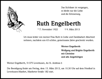 Anzeige von Ruth Engelberth von Kölner Stadt-Anzeiger / Kölnische Rundschau / Express