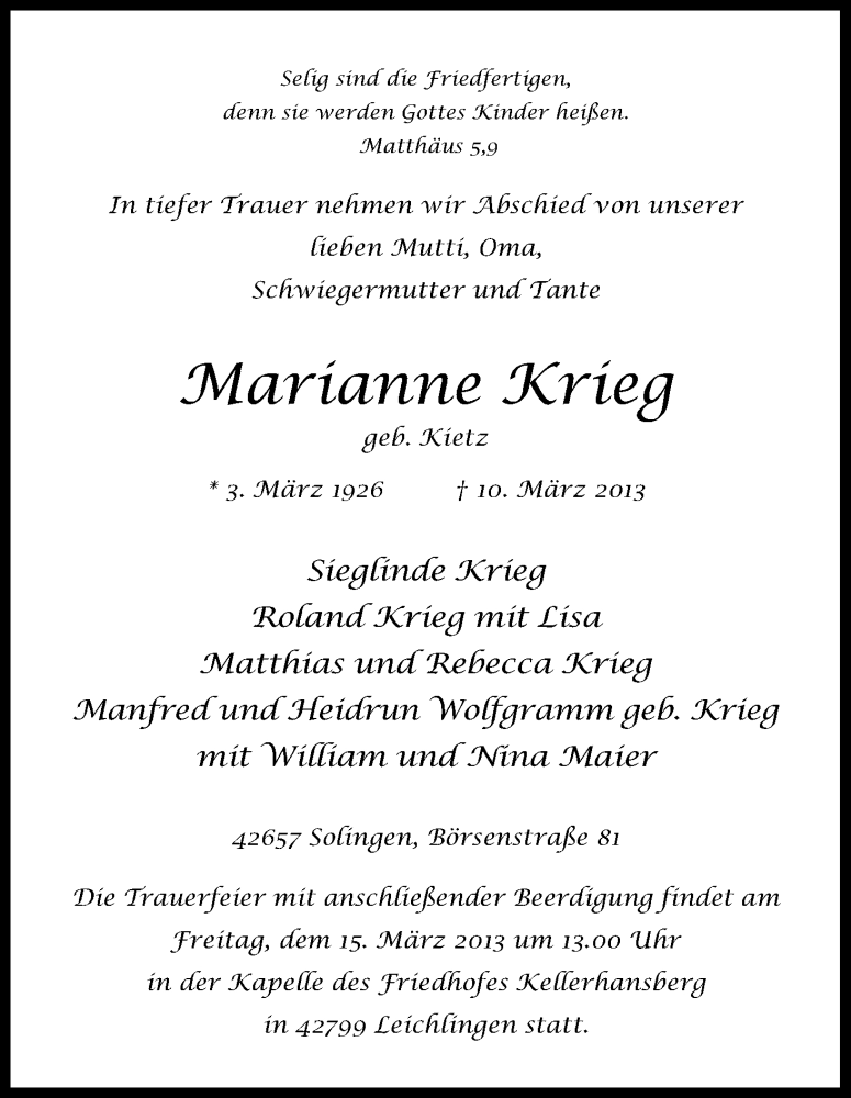  Traueranzeige für Marianne Krieg vom 13.03.2013 aus Kölner Stadt-Anzeiger / Kölnische Rundschau / Express