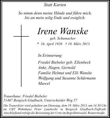 Anzeige von Irene Wanske von Kölner Stadt-Anzeiger / Kölnische Rundschau / Express