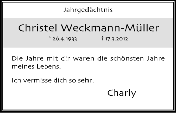 Anzeige von Christel Weckmann-Müller von Kölner Stadt-Anzeiger / Kölnische Rundschau / Express
