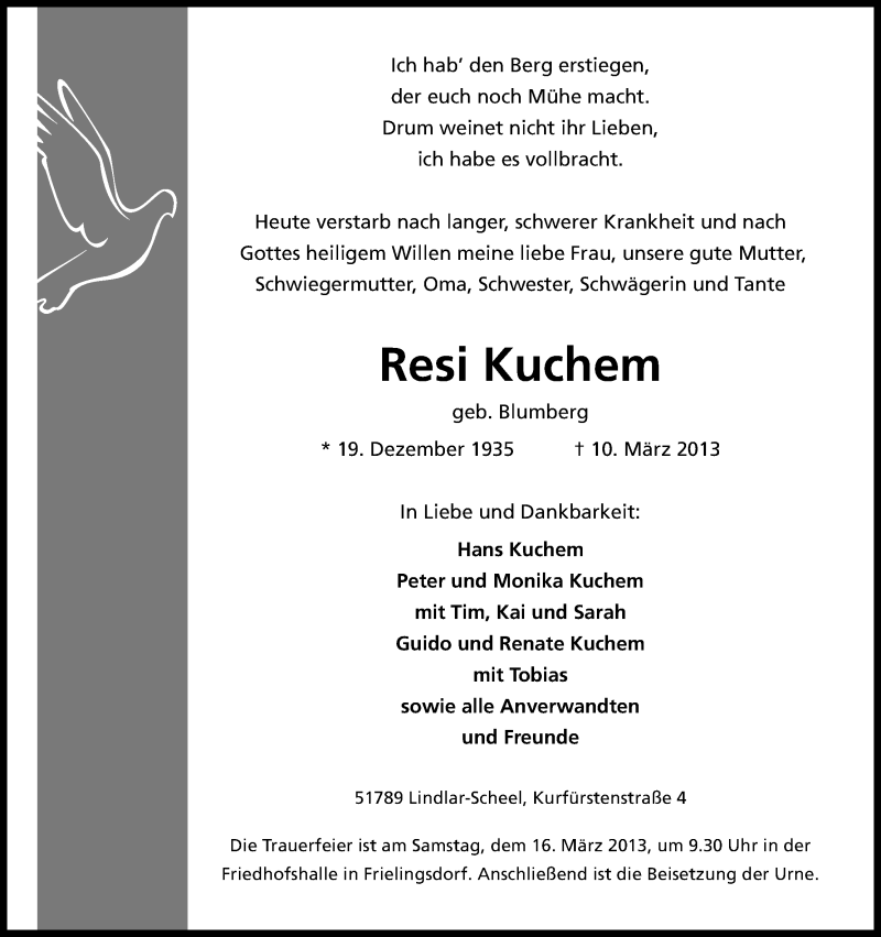  Traueranzeige für Resi Kuchem vom 13.03.2013 aus Kölner Stadt-Anzeiger / Kölnische Rundschau / Express